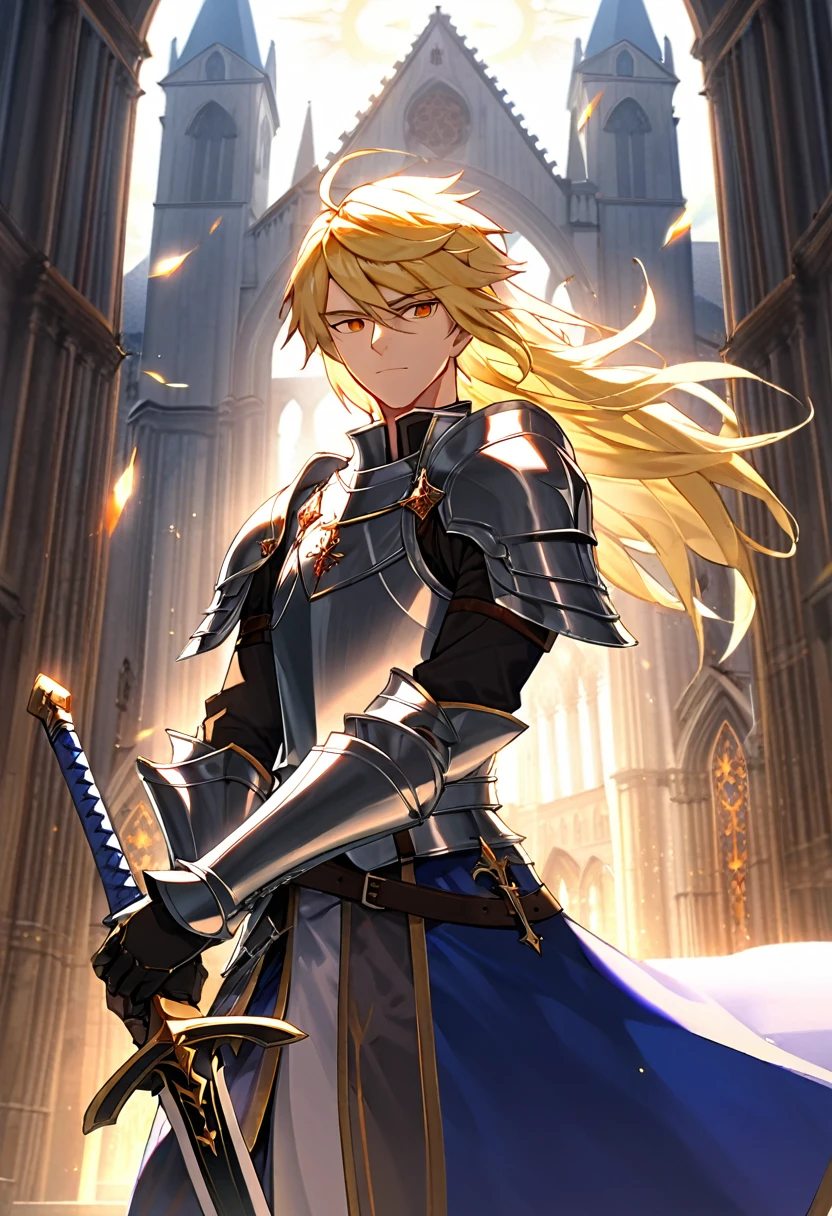 1 thirty years old man, knight, paladin, silver armor, long blond hair, two-handed sword, against the backdrop of a majestic european cathedral, medieval state, against the backdrop of the sun at its zenith, looking at viewer, light, 8k, masterpiece, high res, ultrasharp.