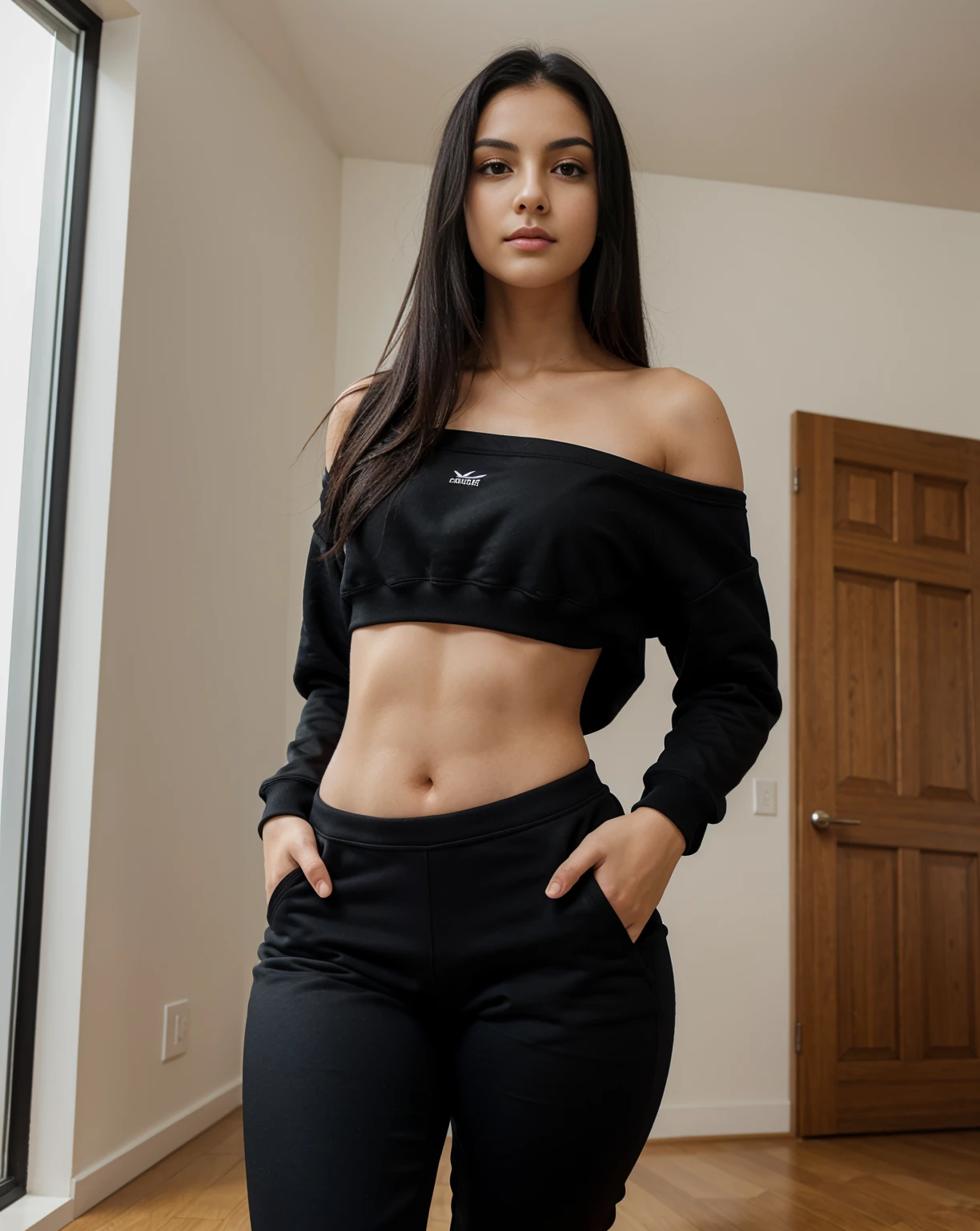 A (beautiful) young Brazilian girl, (extremely pale skin:1.2), (straight black hair:1.4), (small pointed nose, full lips, pointed chin, small face), (slim body), (small shoulders:1.6), (slim waist and thick hips:1.4),(small torso:1.4), (extremely thick hips:1.6), (very thick thighs:1.6). 19 years old, posing with confidence. wearing a (Black pants:1.4) and a (Sweatshirt:1.4), simple casual clothes. standing showing big booty, back, in a closed room.