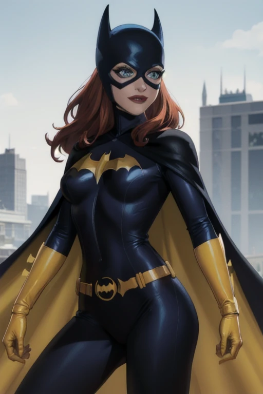 BarbaraG, 1girl, solo, long blue cape, blue mask, yellow belt, yellow gloves, blue eyes, superhero, long hair, bodysuit, lipstick, batgirl, park, city, smile, 