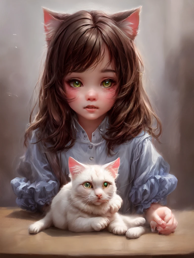 a close up of a  kissing a white cat on a table, white cat girl, adorable digital painting, white ( cat ) girl, very beautiful cute catgirl, big cheeks holding her cat, white cat, beautiful young catgirl, cute digital art, tenderness, catgirl, yuri shwedoff and tom bagshaw, petting a cat, realistic art