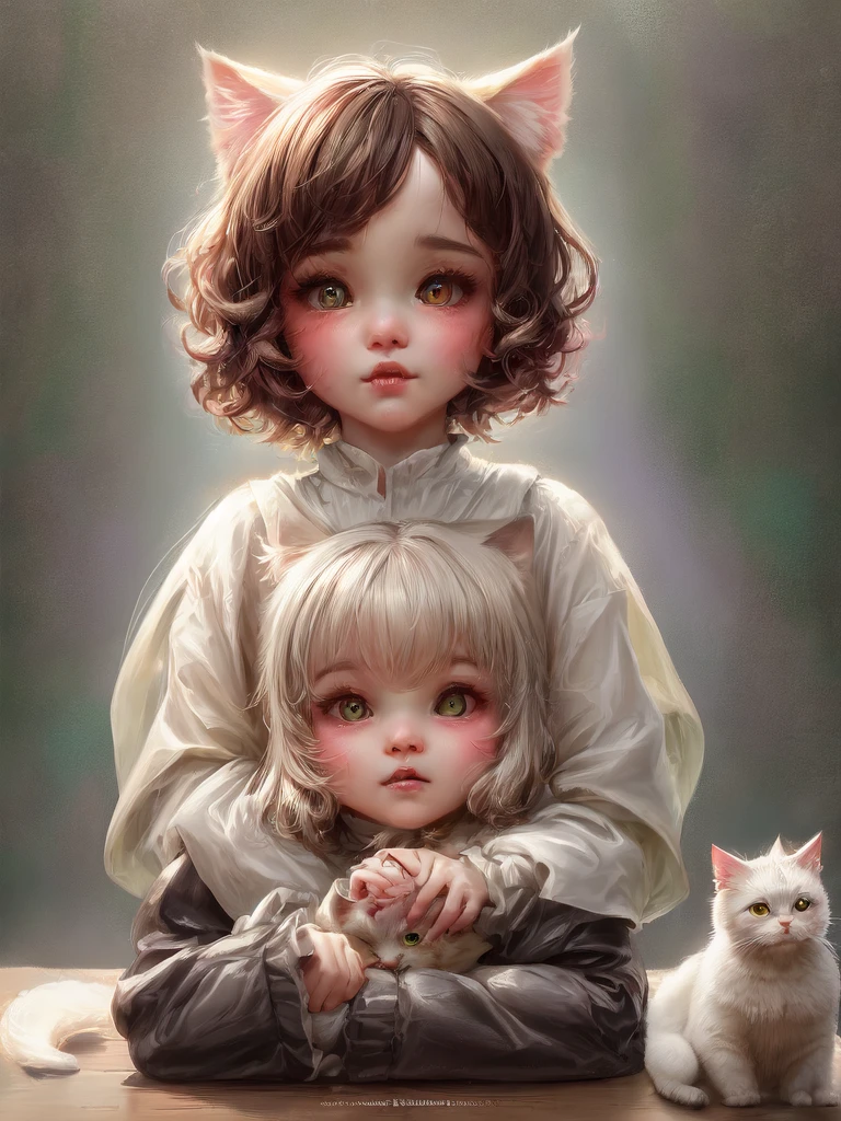 a close up of a  kissing a white cat on a table, white cat girl, adorable digital painting, white ( cat ) girl, very beautiful cute catgirl, big cheeks holding her cat, white cat, beautiful young catgirl, cute digital art, tenderness, catgirl, yuri shwedoff and tom bagshaw, petting a cat, realistic art