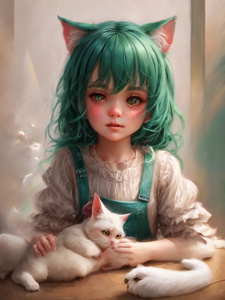 a close up of a  kissing a white cat on a table, white cat girl, adorable digital painting, white ( cat ) girl, very beautiful cute catgirl, big cheeks holding her cat, white cat, beautiful young catgirl, cute digital art, tenderness, catgirl, yuri shwedoff and tom bagshaw, petting a cat, realistic art