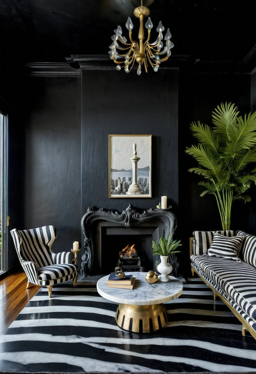 RAW photograph, Ultra Wide Angle, 16mm lens, whole room, contemporary living room with black walls, como Kelly Wearstler, very light wooden floor, large contemporary white linen armchair, huge black and white striped curved sofa, fireplace, large brutalist style console with minimalist vase with huge plant, pile of books, cubist sculptures in white marble, large windows , view of the city of Rio de Janeiro, Picasso paintings, Golden candlesticks, clear glass coffee table, ultra high nothing.photorrealistic::1.5, HDR, Ultra Realist, real photografic
