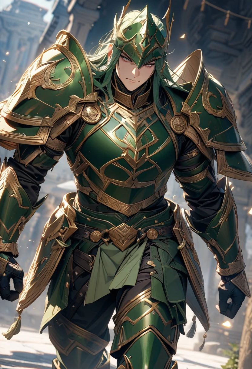 masterpiece, 8k, best quality, highly detailed, a male human warrior wearing green leather armor with runic designs on it
