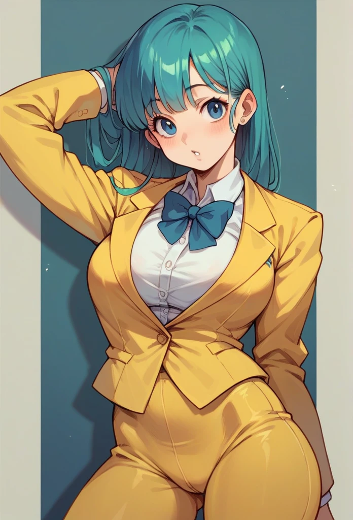 Create Bulma with her yellow suit but with tits that fit tight and her tits stand out in the yellow suit. 