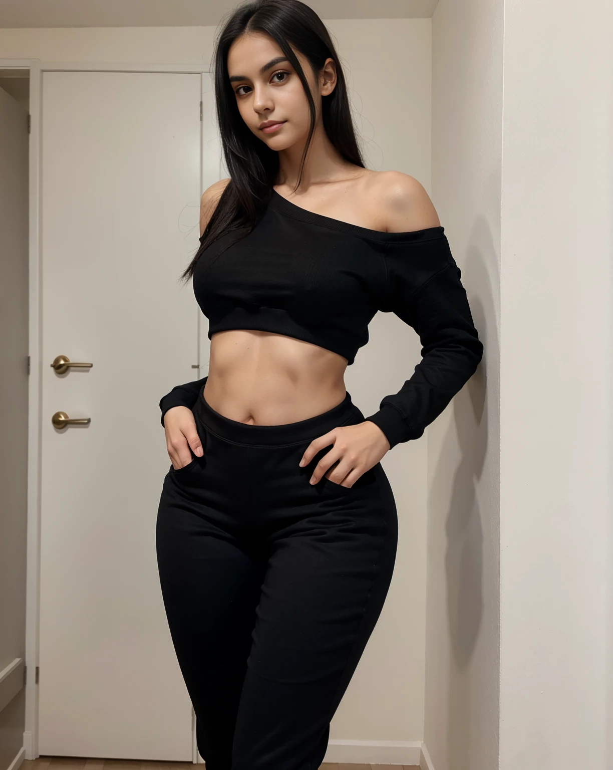 A (beautiful) young Brazilian girl, (extremely pale skin:1.2), (straight black hair:1.4), (small pointed nose, full lips, pointed chin, small face), (slim body), (small shoulders:1.6), (slim waist and thick hips:1.4),(small torso:1.4), (extremely thick hips:1.6), (very thick thighs:1.6). 19 years old, posing with confidence. wearing a (Black pants:1.4) and a (Sweatshirt:1.4), simple casual clothes. standing showing big booty, back, in a closed room.