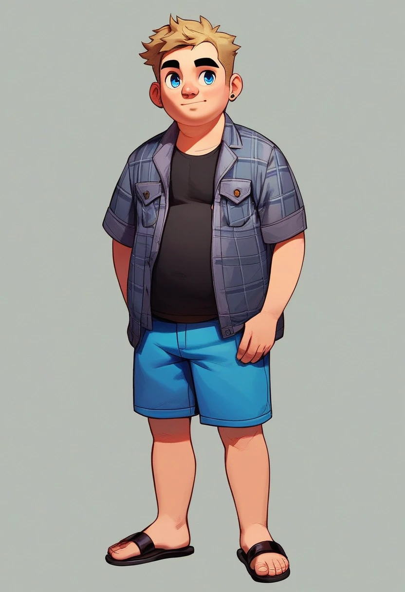 atso, 1boy, full body, solo, fat man, dirty blonde hair, blue eyes, black eyebrows, gray plaid jacket, black sandals, blue jean shorts, simple background, standing,