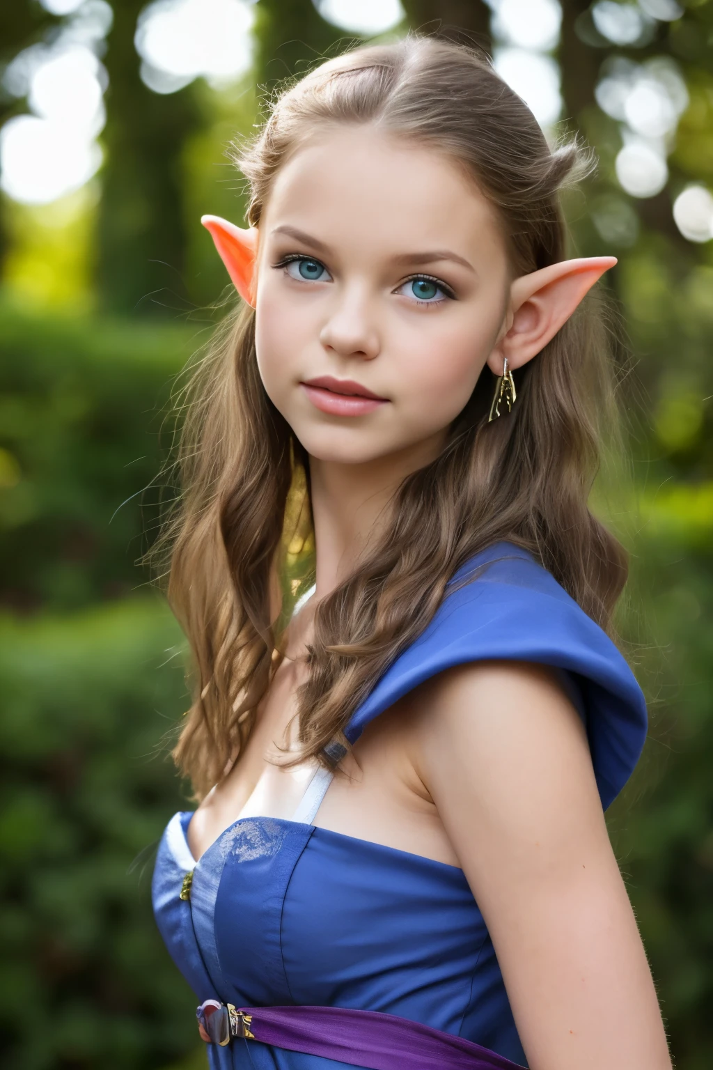 (Cute tween elf girl), 3/4 photo, bust focus, natural light, tomboy, skinny, thin, slim, lean, slender, nubile, posing for picture, very short hair, blonde hair, blueeyes, natural lighting, thin waist, thin hips, perfect lips, fat lower lip, young, youthful, teen, teenager, busty, cleavage, grey background, peasant dress, sharp pointed ears, 