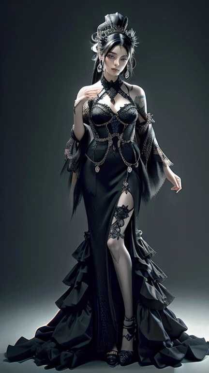 Create an extravagant full-body portrayal of a woman in Gothic style, emphasizing the "woman" theme. The design should feature Gothic elements such as lace, ribbons, and Victorian details, presenting an elegant and intricate style. Use a color palette of black, white, and pastels to capture the unique Gothic aesthetic. The design must stand out, with the woman centered in the image against a white background. It should fit well in the room, make sure it does not touch the edges of the canvas. The image must not contain any Yakuza Tattoos 