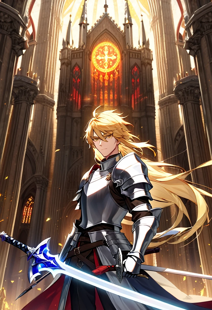 1 thirty years old man, knight, paladin, silver armor, long blond hair, two-handed sword, against the backdrop of a majestic european cathedral, medieval state, against the backdrop of the sun at its zenith, looking at viewer, light, 8k, masterpiece, high res, ultrasharp.