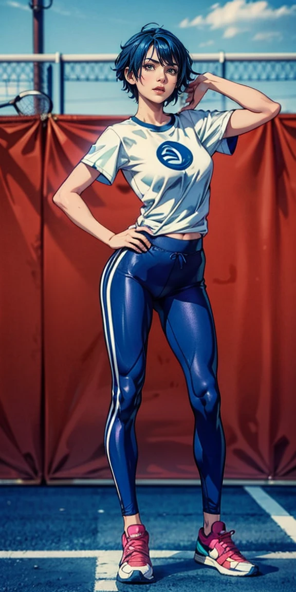 A beautiful tall and skiny girl with blue hair , her arms wide spread, standing in front with full body, wearing sport t-shirt long, and sport pants, white sport shoes.
