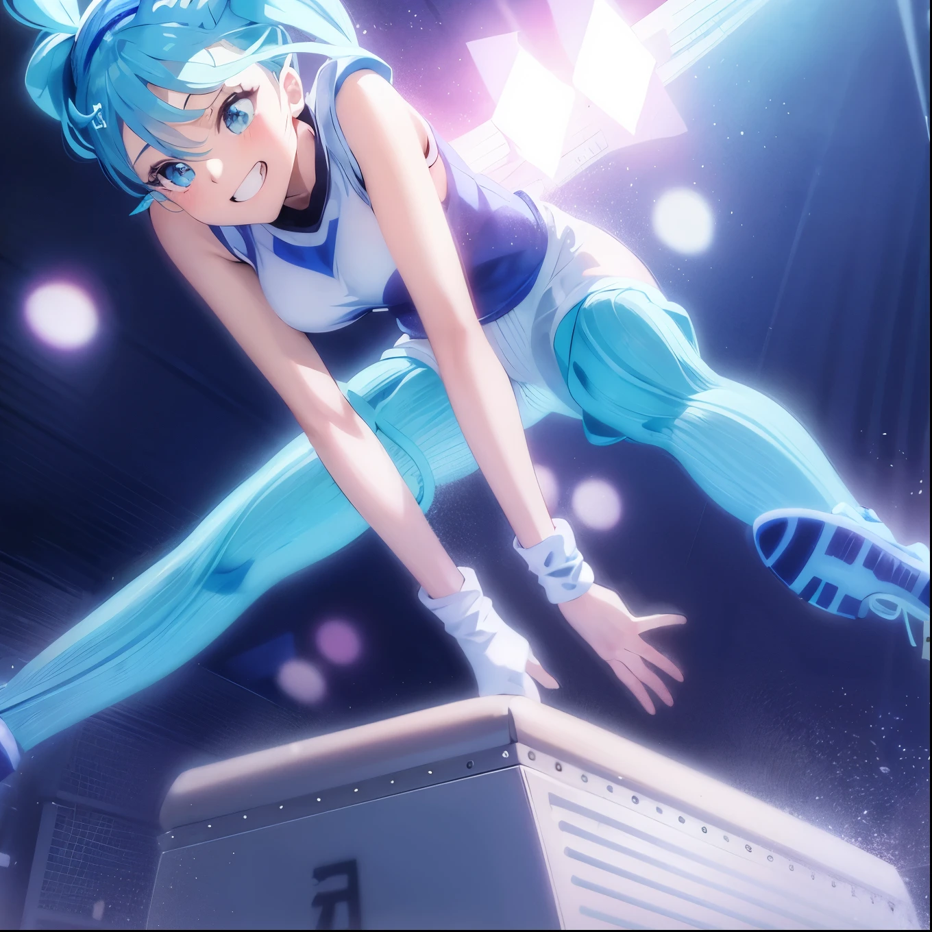 A beautiful girl with long light blue hair and twin tails, wearing gym clothes, is jumping on a vaulting box. Bright smile
