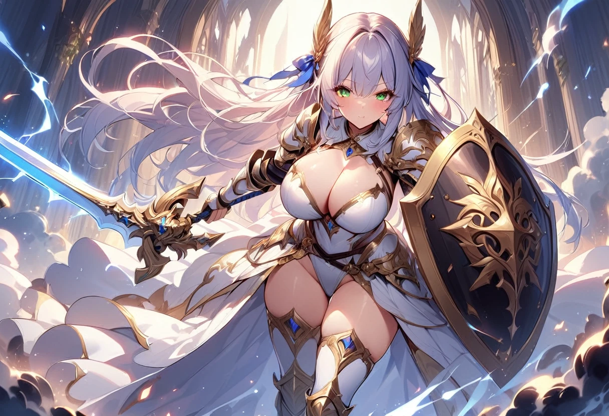 masterpiece,best quality, knight, long hair, silver hair, green eyes,((1girl)), (white_armor), golden ornaments, sword, shield, ((holding sword)), ((big breasts)), exposed belly, 1girl, cleavage, legs exposed, ((shield-over_arm)), ((Perfect face)),add_detail:1, add_detail:0, add_detail:0.5, ((Sword and shield))