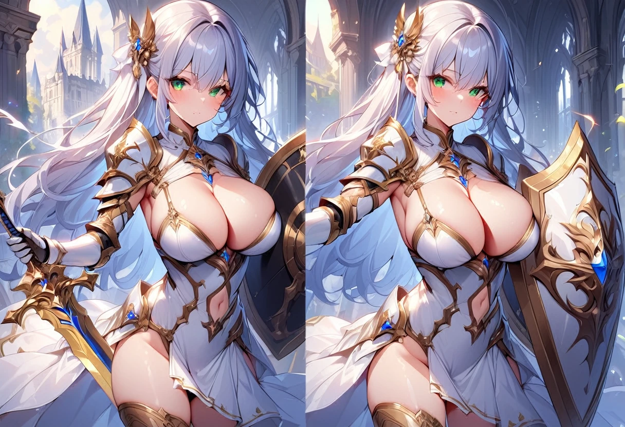 masterpiece,best quality, knight, long hair, silver hair, green eyes,((1girl)), (white_armor), golden ornaments, sword, shield, ((holding sword)), ((big breasts)), exposed belly, 1girl, cleavage, legs exposed, ((shield-over_arm)), ((Perfect face)),add_detail:1, add_detail:0, add_detail:0.5, ((Sword and shield))