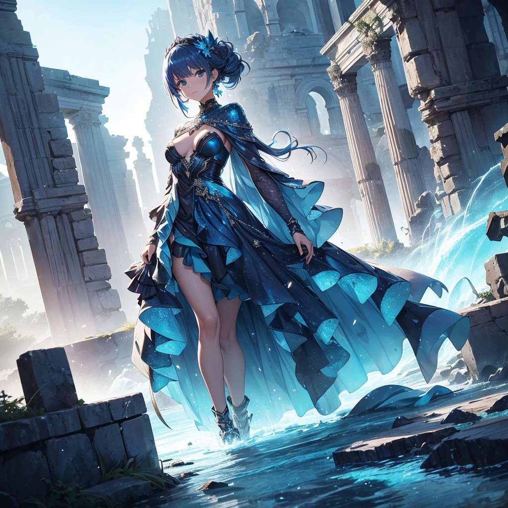 Imagine an animation set in a landscape of ancient ruins composed of minerals that shimmer with metallic blue hues. At the heart of this surreal landscape stands a beautiful girl, dressed in a gown that appears to be made of swirling metallic blue smoke, flowing and twisting around her like it has a life of its own. As the story unfolds, the mineral ruins reveal their mysteries, emitting faint glimmers of light that subtly illuminate the surroundings. The girl seems in harmony with the landscape, her enigmatic presence suggesting a deep and ancient connection between herself and the ruins.