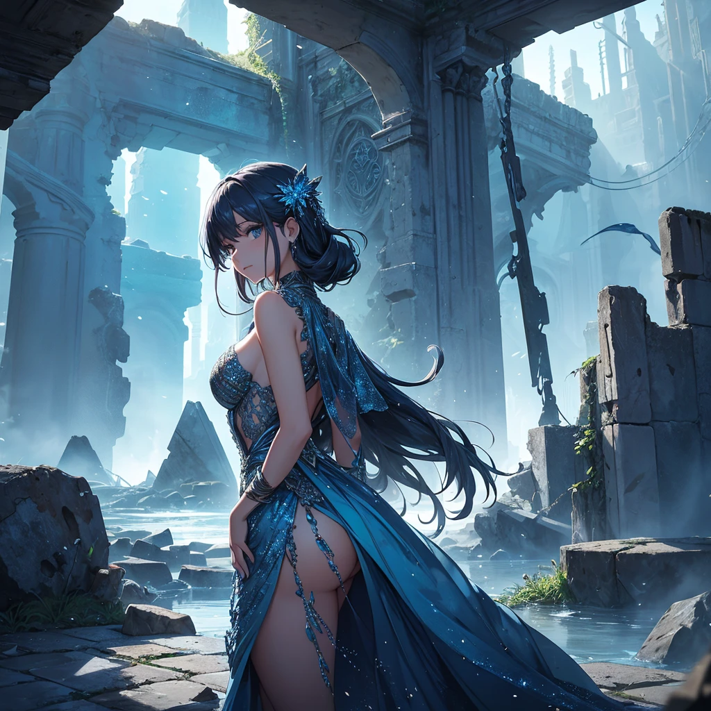 Imagine an animation set in a landscape of ancient ruins composed of minerals that shimmer with metallic blue hues. At the heart of this surreal landscape stands a beautiful girl, dressed in a gown that appears to be e of swirling metallic blue smoke, flowing and twisting around her like it has a life of its own. As the story unfolds, the mineral ruins reveal their mysteries, emitting faint glimmers of light that subtly illuminate the surroundings. The girl seems in harmony with the landscape, her enigmatic presence suggesting a deep and ancient connection betn herself and the ruins.