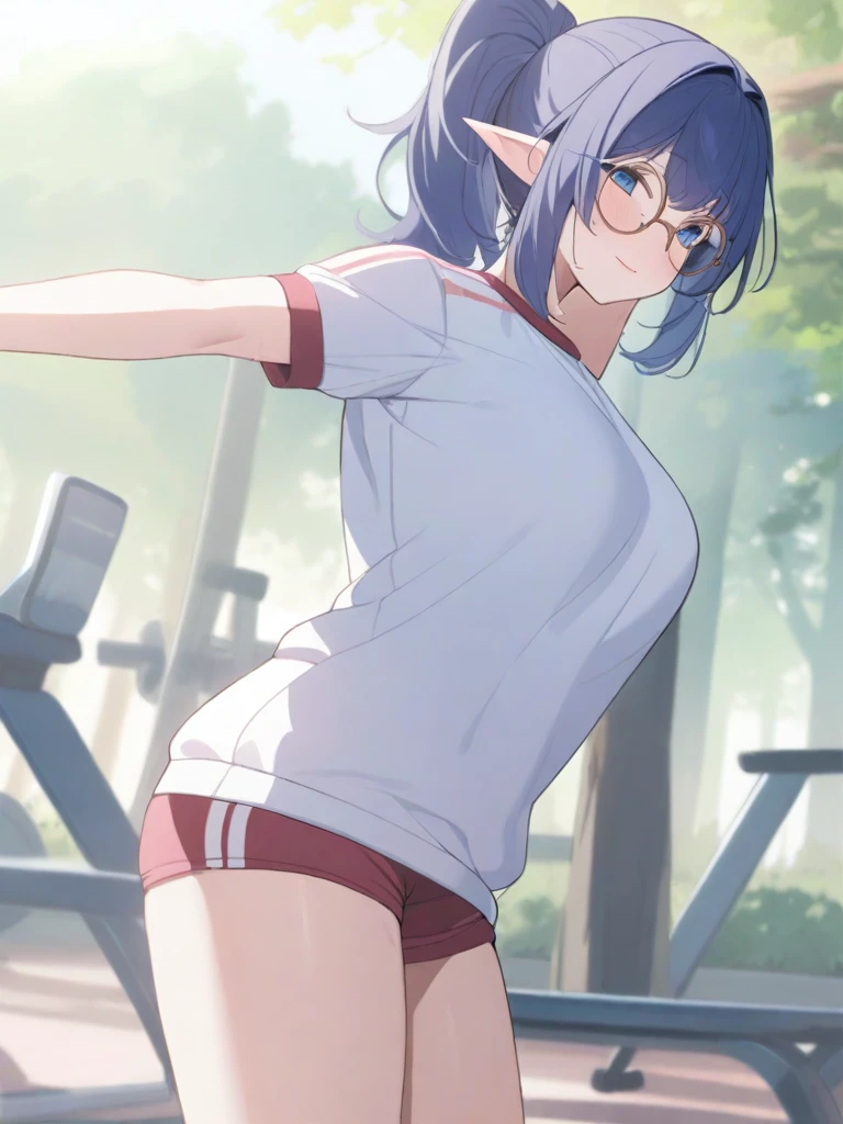 masterpiece, best quality, high quality, beautiful anime character, solo, anime girl with dark blue hair, messy hair, medium length hair, huge long ponytail, ponytail, blue eyes, elf ears, slightly big breasts, mature female, tall female, big girl, thick, (calming face, blush, light smile, loving eyes), outdoors, ((gym clothes)), standing, slim thick, short medium hair, short sleeves, round glasses, legs, stretching, 