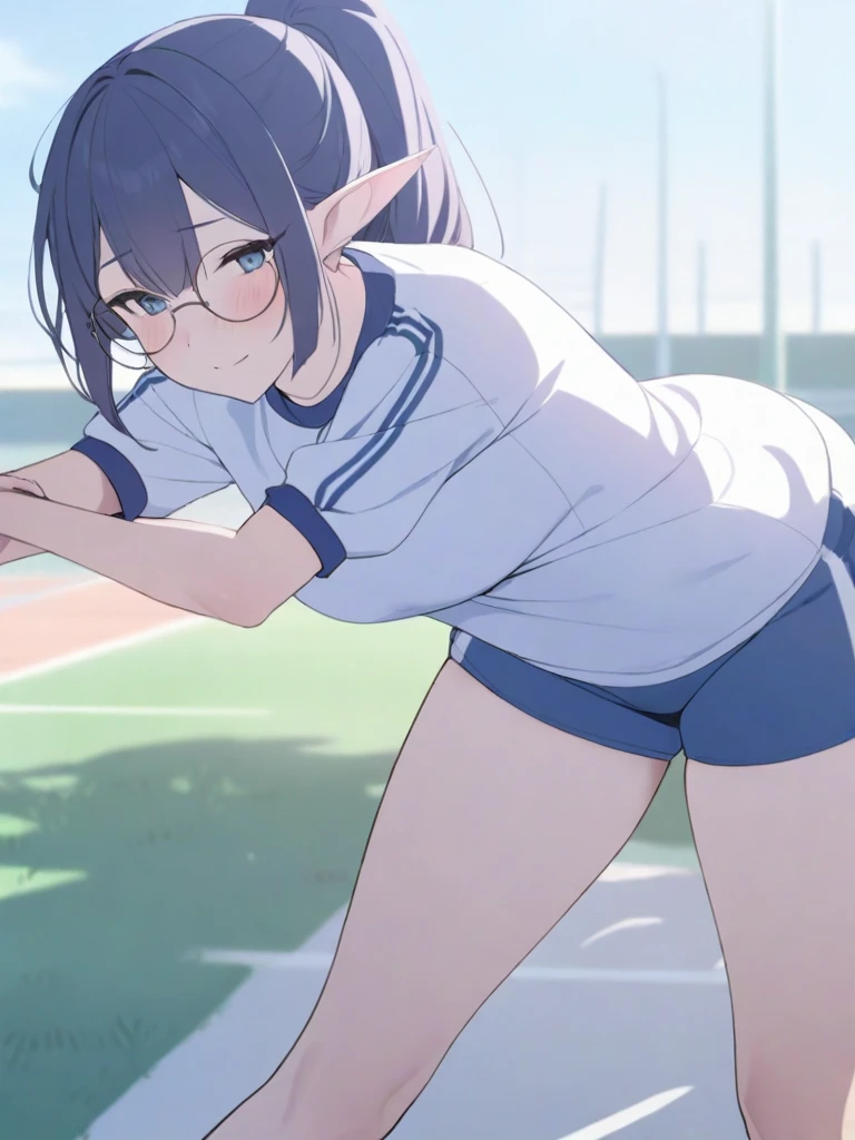 masterpiece, best quality, high quality, beautiful anime character, solo, anime girl with dark blue hair, messy hair, medium length hair, huge long ponytail, ponytail, blue eyes, elf ears, slightly big breasts, mature female, tall female, big girl, thick, (calming face, blush, light smile, loving eyes), outdoors, ((gym clothes)), standing, slim thick, short medium hair, short sleeves, round glasses, legs, stretching,