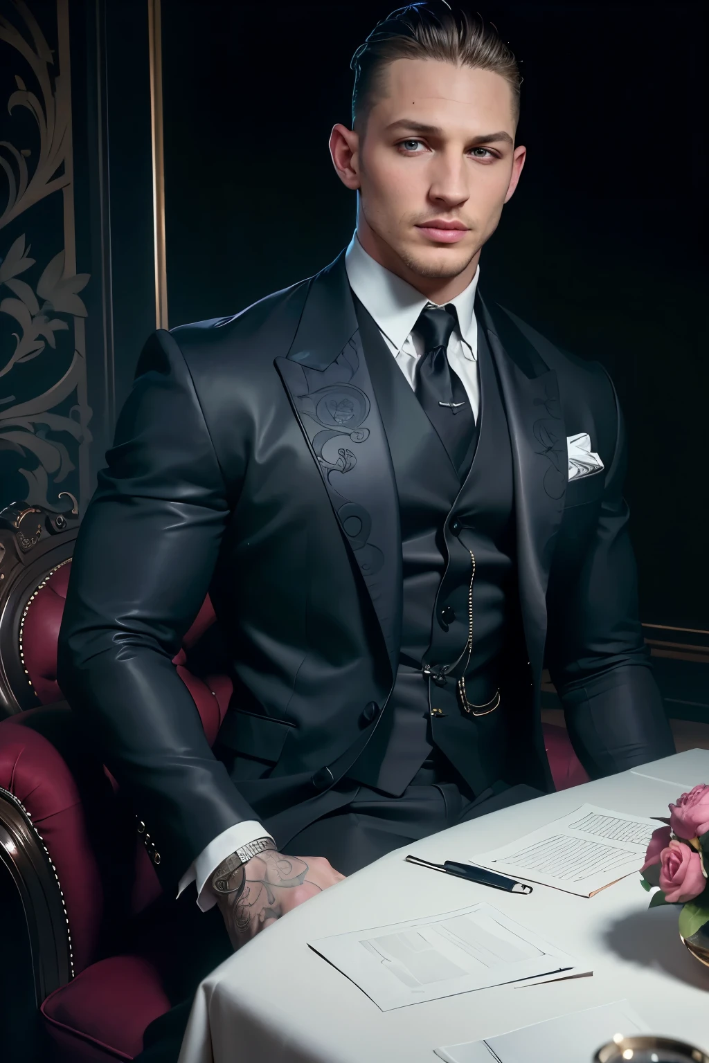 ((masterpiece)), ((Best Quality:1.2)), High resolution, 8k, (ultra_realist:1.3), (photorealist:1.4), (Instagram Template, elegant:1.2),Portrait of Tom Hardy wearing a sensual gothic costume, with lace details that highlight its sophisticated and modern style. The suit has a devilish touch, with dark colors and intricate designs, Combining classic elegance with a bold contemporary aesthetic
