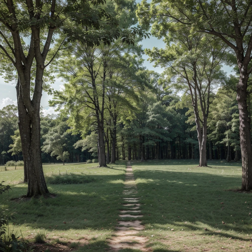 A modern wallpaper evoking tranquility and peace: A softly misted green forest scene featuring detailed and striking natural elements such as leaves, branches, and tree trunks. The lighting should be gentle and soothing, with subtle transitions in tones and shadows. In the background, a sky with a few clouds in pale or pastel colors creates a sense of depth and distance. The overall atmosphere should be minimalist and serene, promoting a feeling of calm and relaxation.
