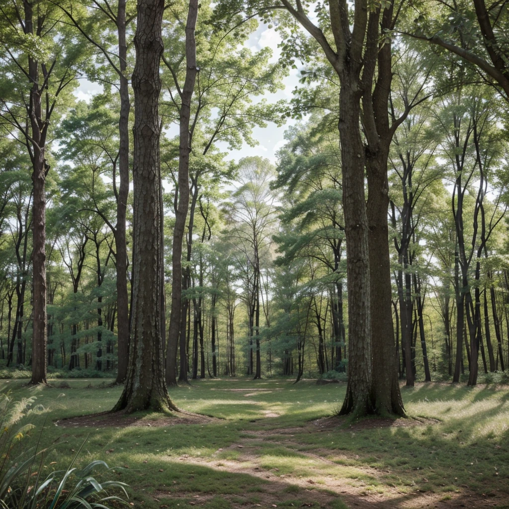 A modern wallpaper evoking tranquility and peace: A softly misted green forest scene featuring detailed and striking natural elements such as leaves, branches, and tree trunks. The lighting should be gentle and soothing, with subtle transitions in tones and shadows. In the background, a sky with a few clouds in pale or pastel colors creates a sense of depth and distance. The overall atmosphere should be minimalist and serene, promoting a feeling of calm and relaxation.