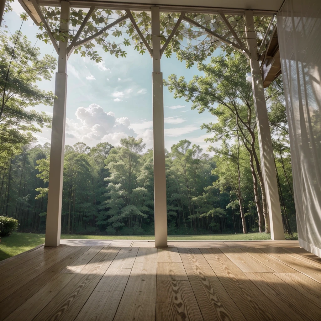 A modern wallpaper evoking tranquility and peace: A softly misted green forest scene featuring detailed and striking natural elements such as leaves, branches, and tree trunks. The lighting should be gentle and soothing, with subtle transitions in tones and shadows. In the background, a sky with a few clouds in pale or pastel colors creates a sense of depth and distance. The overall atmosphere should be minimalist and serene, promoting a feeling of calm and relaxation.