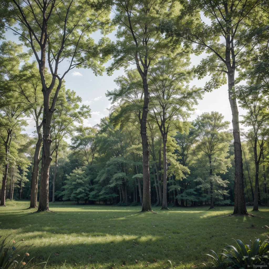 A modern wallpaper evoking tranquility and peace: A softly misted green forest scene featuring detailed and striking natural elements such as leaves, branches, and tree trunks. The lighting should be gentle and soothing, with subtle transitions in tones and shadows. In the background, a sky with a few clouds in pale or pastel colors creates a sense of depth and distance. The overall atmosphere should be minimalist and serene, promoting a feeling of calm and relaxation.