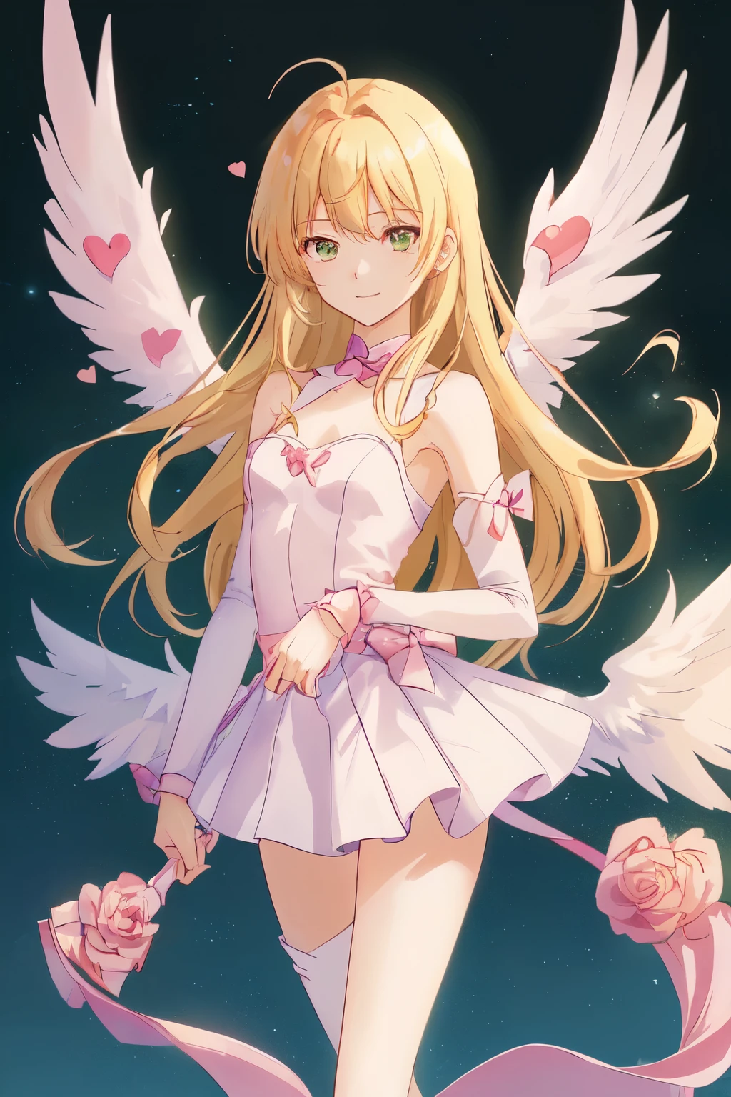 1_girl, (anime, kawai:2), (masterpeice, best_quality, clean:1.5), (sky_background:1.2), (cute, cute_smile, wholesome, young:1.8), (delicate, extremely_delicate, beautiful, thin:1.5), (girlfriend, angel:1.8), (green_eyes, simple_eyes:1.8) (long_hair, blond_hair, wearing_pink_dress, pink_angel_wings:1.5), extremely_delicate, (love_magic:1.5), (age_size_fits_body), (small_thighs:1.3), (breasts), (eye_level:1.3), (heart_magic, love:1.5), (folded_legs:1.5), (combat:1.2)