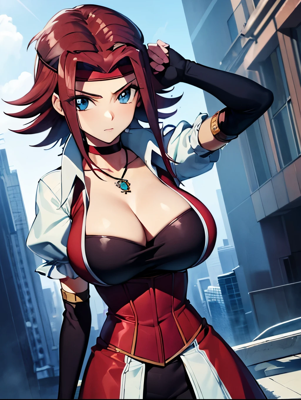 masterpiece, best quality, highres, ((kallen stadtfeld, blue eyes, headband, red hair, short hair, bandana)), solo, gloves, elbow gloves, breasts, jewelry, cleavage, choker, necklace, black thighhighs, black gloves, huge breasts, standing, cowboy shot, outdoors,