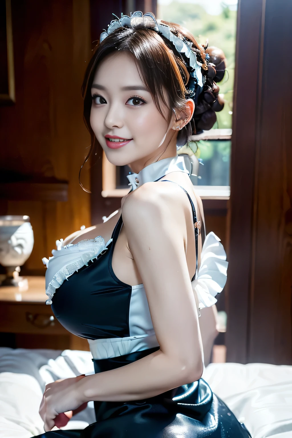 (((beautiful gothic maid woman:1.3)),(((Accentuate your breasts:1.3))),(Dynamic Angle),(Dynamic and sexy bending pose:1.3),(sit on the bed and look up at the camera:1.3),(Shiny silver and orange inner color short hair,Big ample breasts,Clothing gets messy due to movement,Chest slip,(Intricately braided and beaded twisted ponytail bun,Braided Setup Fishbone Hair),(See-through bangs),Huge breasts、(((A lace apron that shows your bare skin from under your big breasts....)))、blush with embarrassment、Dreamy eyes、A smile that captivates the viewer、(look back:1.7)、Take a look at the photographer,Sweaty skin,Staring at the audience,(Professional Lighting),(8k,3D Images,Tabletop,Highest quality,Ultra-high resolution output images,),(Ultra HD with Intricate Detail Picture Mode),Depth of written boundary,Beautiful Hands,Beautiful fingers,Detailed characteristics of the fingers,(Detailed hair features:1.7),Detailed facial features,Detailed clothing features,