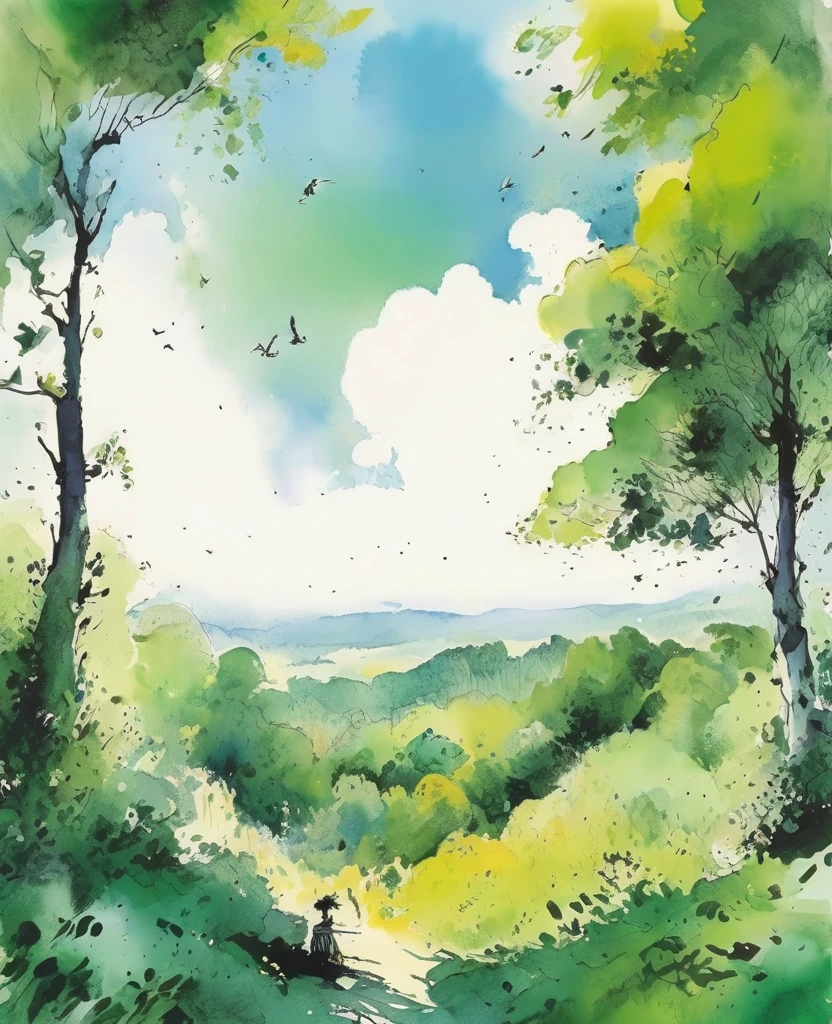 Quentin Blake style photo 、The morning when the sky was so blue that the white clouds disappeared、Portraiture、High resolution、The green forest shines white、Highest quality、masterpiece、Very detailed