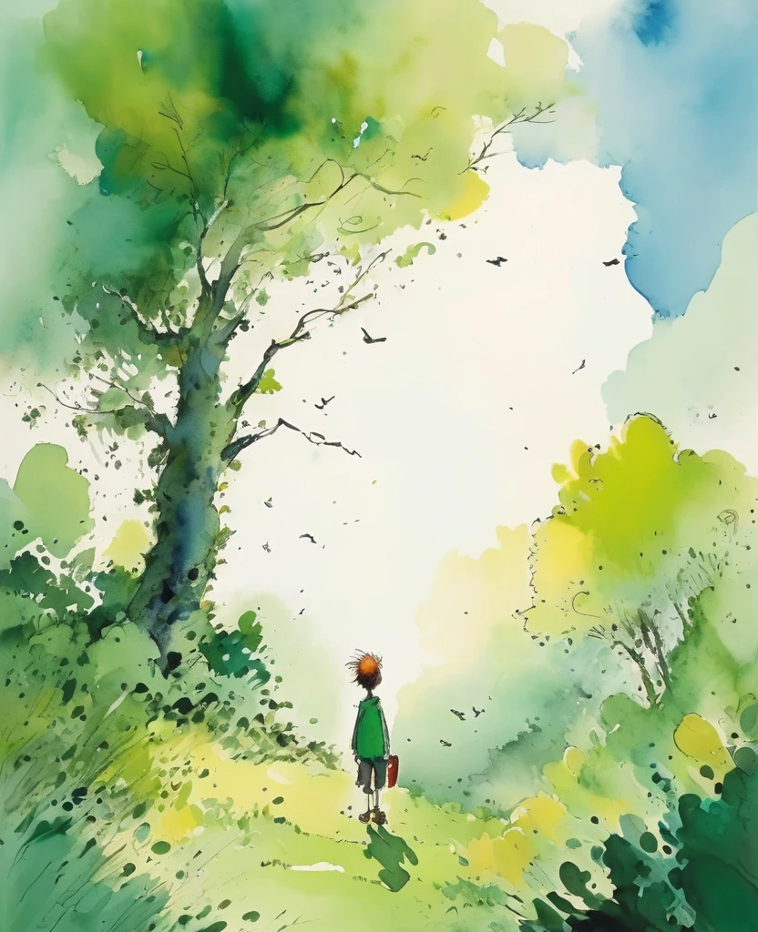 Quentin Blake style photo 、The morning when the sky was so blue that the white clouds disappeared、Portraiture、High resolution、The green forest shines white、Highest quality、masterpiece、Very detailed