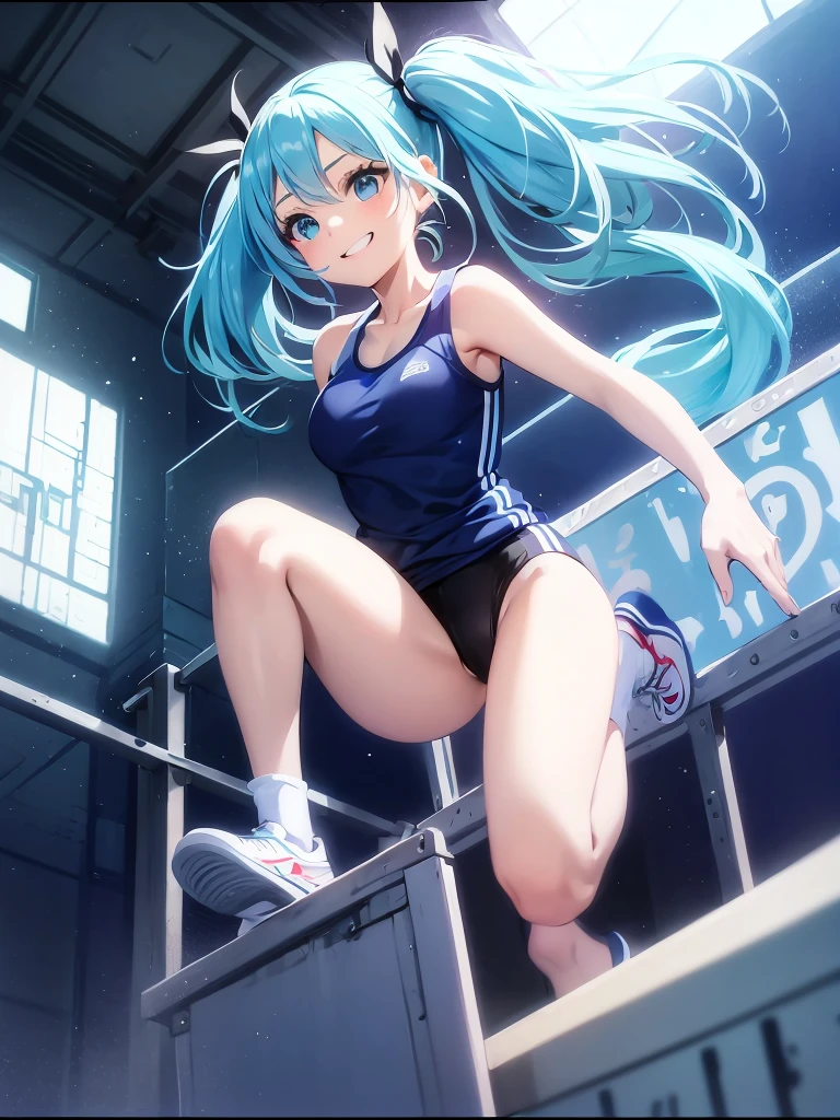 A beautiful girl with long light blue hair and twin tails, wearing gym clothes, is jumping on a vaulting box. Bright smile