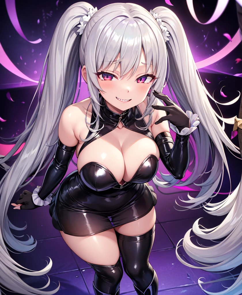 (Front Focus),(In the Dark:1.6), (masterpiece, Highest品質, Highest, 19 years old, Large Breasts, Triple D cup breasts, sexy, Excited, Round ass, Plump butt, Healthy and strong, thin body, Fuller lips, , Official Art, beautifully、aesthetic:1.2), Game CG, Extremely detailed and realistic CG, colorful, masterpiece, Highest品質, Jewel-like eyes, One girl, alone, (Gray Hair:1.5), Shiny Hair, Very long straight hair, Twin tails, thin, thin脚, Magical girl, Black magic dress, Layered mini skirt, Panty shot, Black trousers, Magic Boots, Absolute area, Iris, Hollow Eyes, Cleavage, black elbow gloves, latex, Grin, smile, Jig eyes, Close, Half-closed eyes, tsurime, From a viewpoint, Highest quality eyes, Sharp teeth, Tsundere, Are standing, Contrasting, teasing, Conceit, Open your mouth, tooth, Sticking out tongue, (Sharp focus:1.2),Bad face,,,two hands,Two legs,five fingers,evil background,elbow gloves,latex, Wicked Smile, devilish aura (Shiny fabric:1.5),Evil Darkness,Sadistic smile,Black knee socks