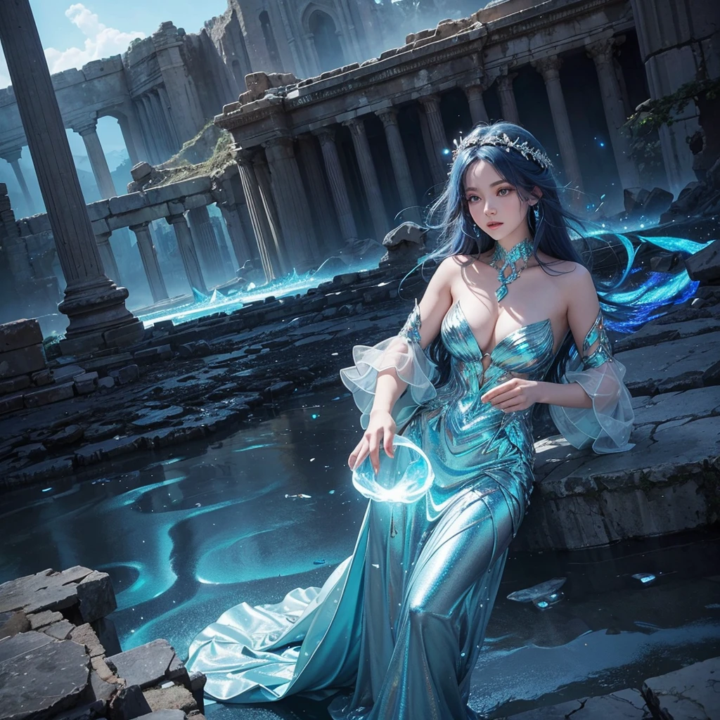 Imagine an animation set in a landscape of ancient ruins composed of minerals that shimmer with metallic blue hues. At the heart of this surreal landscape stands a beautiful girl, dressed in a gown that appears to be made of swirling metallic blue smoke, flowing and twisting around her like it has a life of its own. As the story unfolds, the mineral ruins reveal their mysteries, emitting faint glimmers of light that subtly illuminate the surroundings. The girl seems in harmony with the landscape, her enigmatic presence suggesting a deep and ancient connection between herself and the ruins.