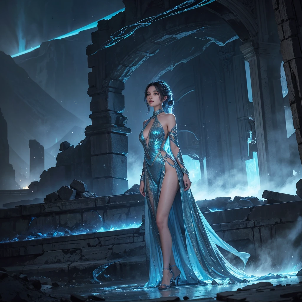 Imagine an animation set in a landscape of ancient ruins composed of minerals that shimmer with metallic blue hues. At the heart of this surreal landscape stands a beautiful girl, dressed in a gown that appears to be made of swirling metallic blue smoke, flowing and twisting around her like it has a life of its own. As the story unfolds, the mineral ruins reveal their mysteries, emitting faint glimmers of light that subtly illuminate the surroundings. The girl seems in harmony with the landscape, her enigmatic presence suggesting a deep and ancient connection between herself and the ruins.