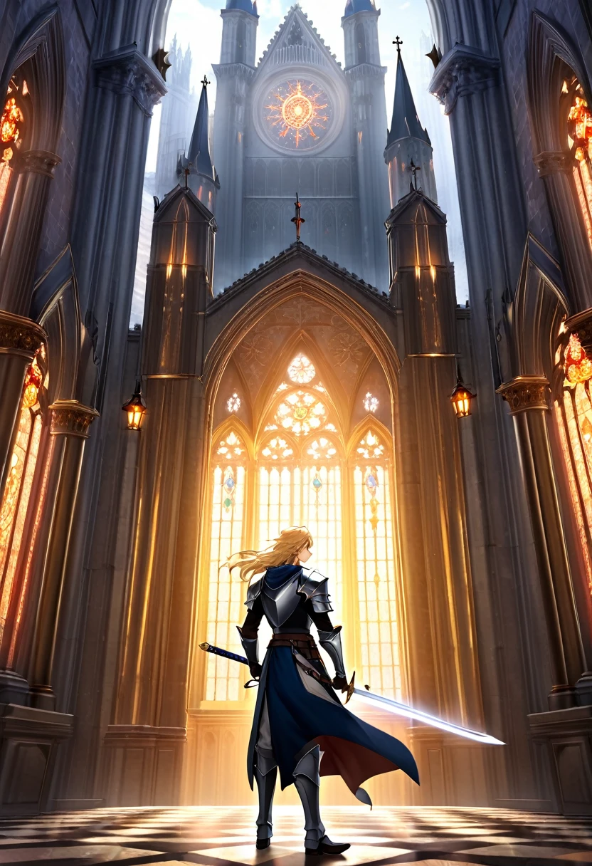 1 thirty years old man, knight, paladin, silver armor, long blond hair, two-handed sword, against the backdrop of a majestic european cathedral, medieval state, against the backdrop of the sun at its zenith, looking at viewer, light, 8k, masterpiece, high res, ultrasharp.