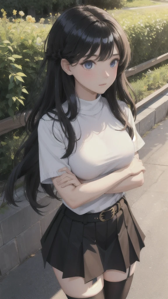 (Absurdities), (Complex details), (Very detailed), (Looking at the viewer), (Masterpiece:1.2),(Best quality:1.2),
(Girl), (Shiny skin:1.2), cinematographic, (Upper body), Medium breast, in the fresh air, town, Natural Wavy, Very long hair,
Explosion, (black_Trait), Inquisitive face, black hair, A day with sunshine,
(Knit with skirt), Standing,
short_Sleeves, Thigh high stockings,
belt,