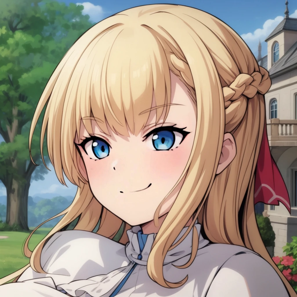 high quality, masterpiece. Blue eyes. blonde hair. braid. tricky glance. evil smile. haughty face. Hand on cheek. white elegant blouse. Against the background of a beige manor with a garden.