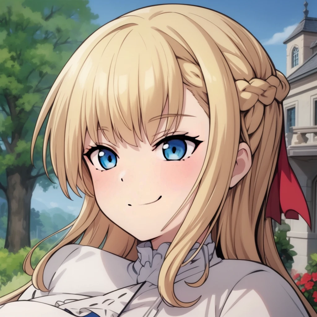 high quality, masterpiece. Blue eyes. blonde hair. braid. tricky glance. evil smile. haughty face. Hand on cheek. white elegant blouse. Against the background of a beige manor with a garden.
