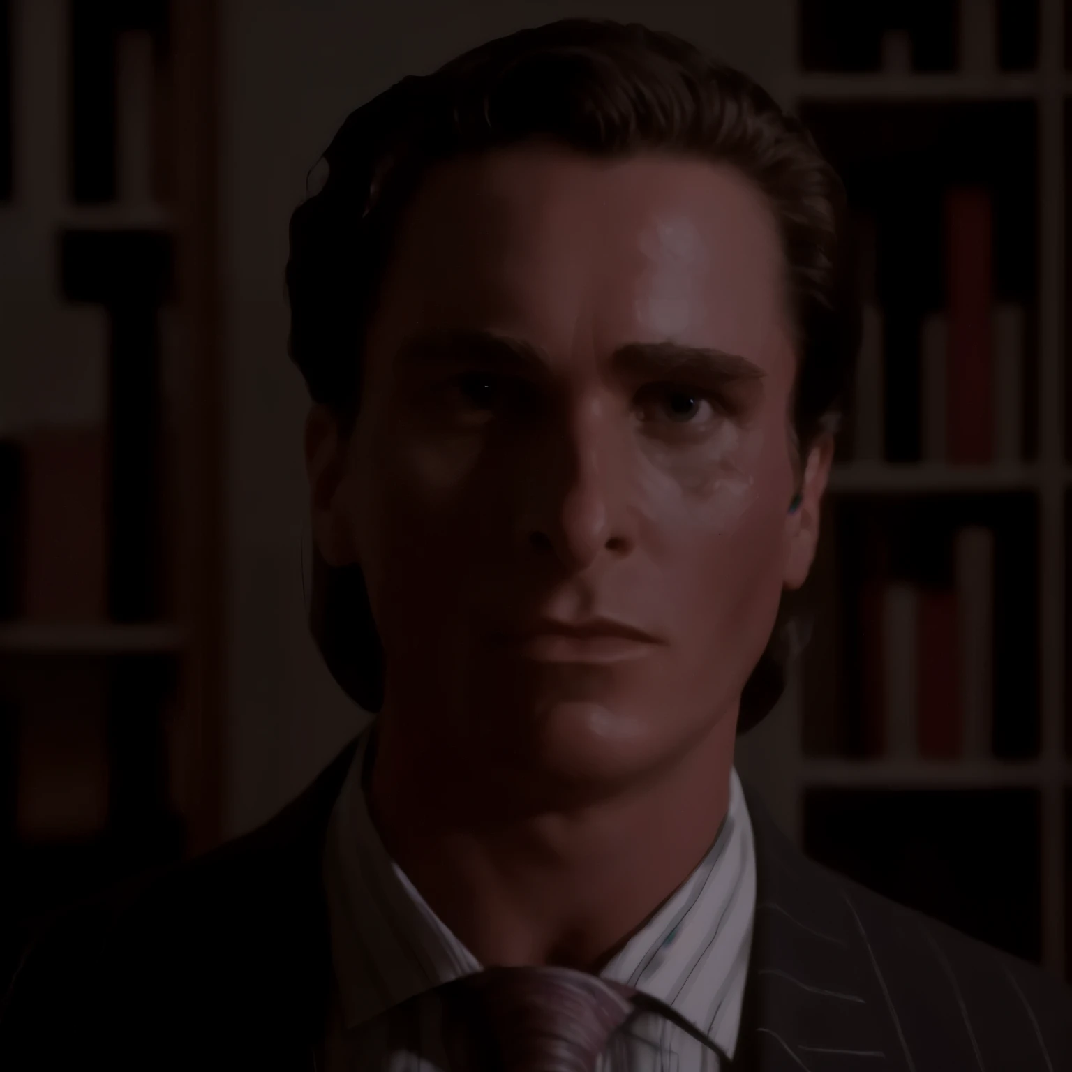 patrick bateman, standing alone, beautiful detailed eyes, {{{work of art}}}, {{{best qualityer}}}, {{ultra detali}}, {illustration}, cinematic angle, {beautiful detailed eyes}, {detailed light},cinematic lighting, A charismatic and elegant mob boss dressed in a tailored black suit, standing up confidently with a slight smile on your face, your straight hair reflecting the ambient light, your piercing eyes revealing power and mystery. Patrick Bateman is surrounded by a dimly lit room with luxurious furniture, including a mahogany table, leather chairs, and shelves full of old books. Sunlight streams through half-closed curtains, casting a subtle glow in the room, while a vintage chandelier illuminates the space with a cozy, golden light. The atmosphere exudes sophistication and danger, creating an aura of respect and fear. fot, Using a high-resolution full-frame camera with a prime lens (50mm), capturing the patrick bateman in sharp focus and emphasizing the details of his appearance and the opulence of the room