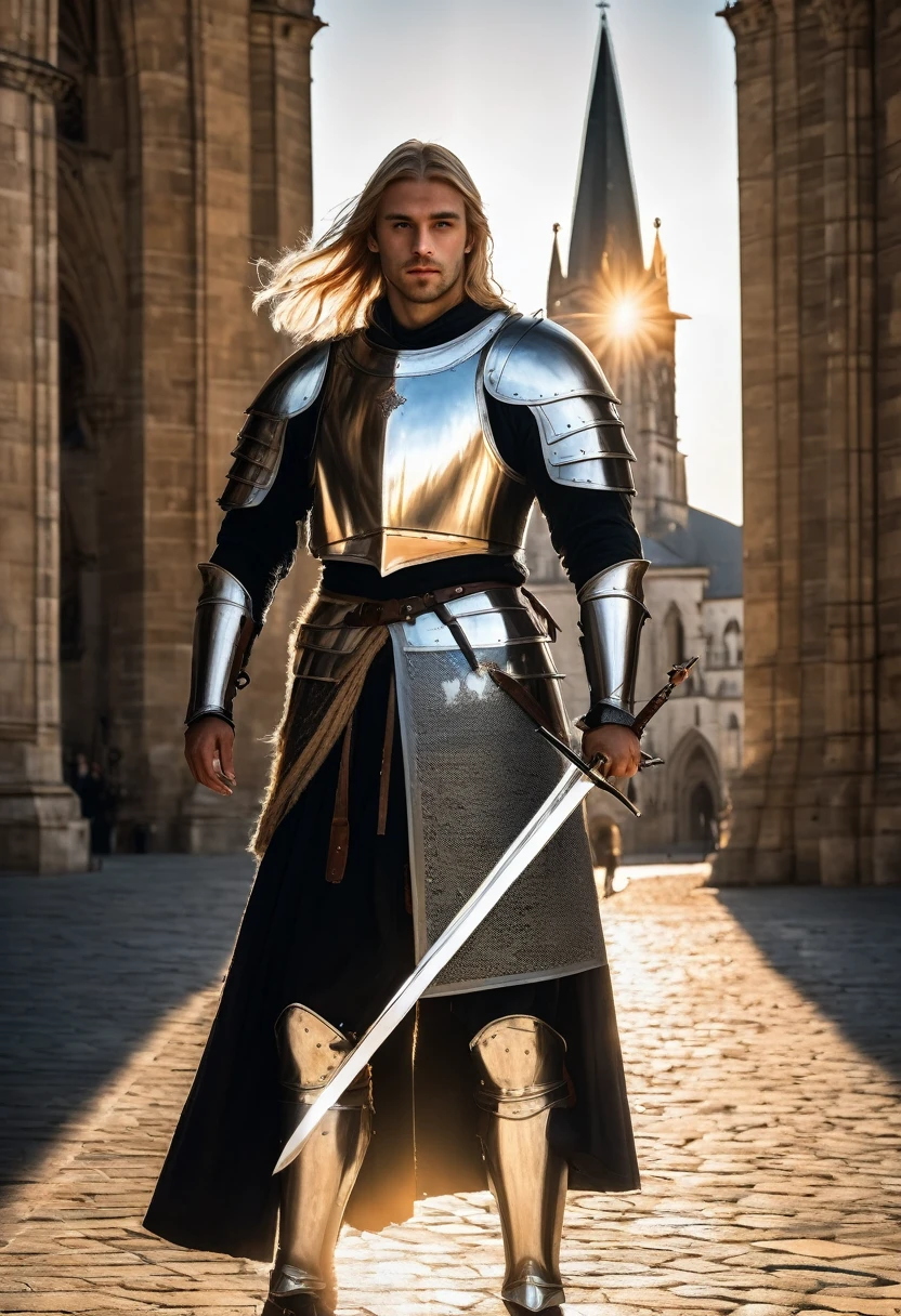 1 thirty years old man, knight, paladin, silver armor, long blond hair, two-handed sword, against the backdrop of a majestic european cathedral, medieval state, against the backdrop of the sun at its zenith, looking at viewer, light, 8k, masterpiece, high res, ultrasharp.