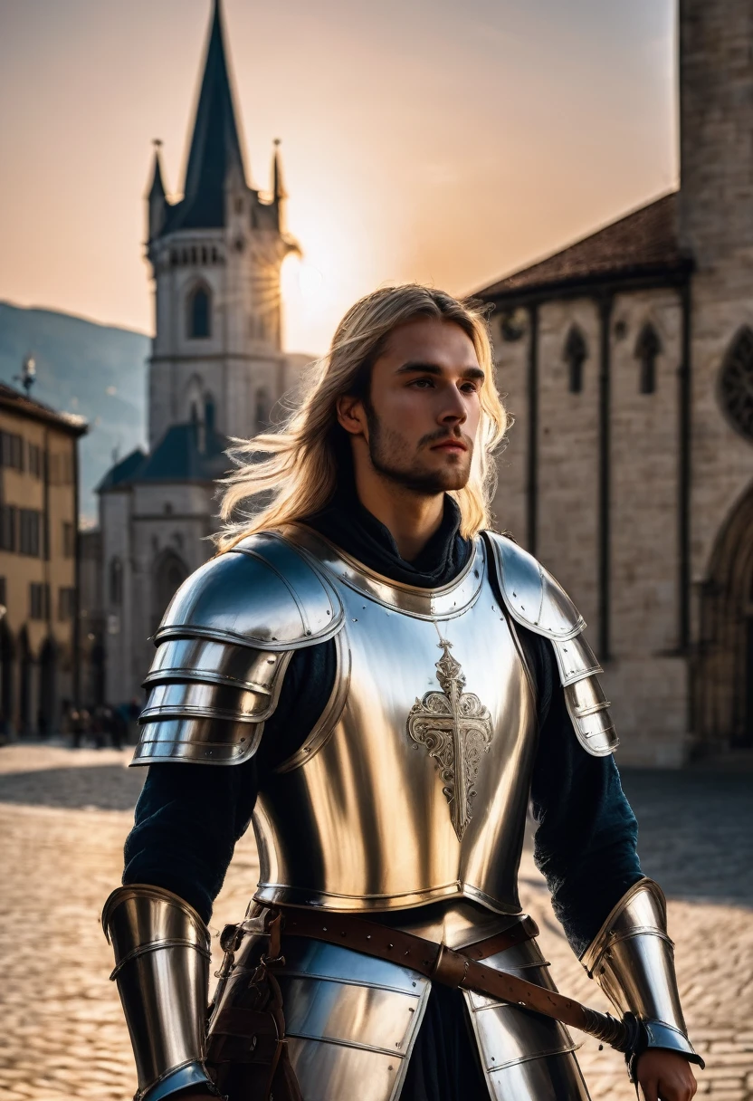 1 thirty years old man, knight, paladin, silver armor, long blond hair, two-handed sword, against the backdrop of a majestic european cathedral, medieval state, against the backdrop of the sun at its zenith, looking at viewer, light, 8k, masterpiece, high res, ultrasharp.