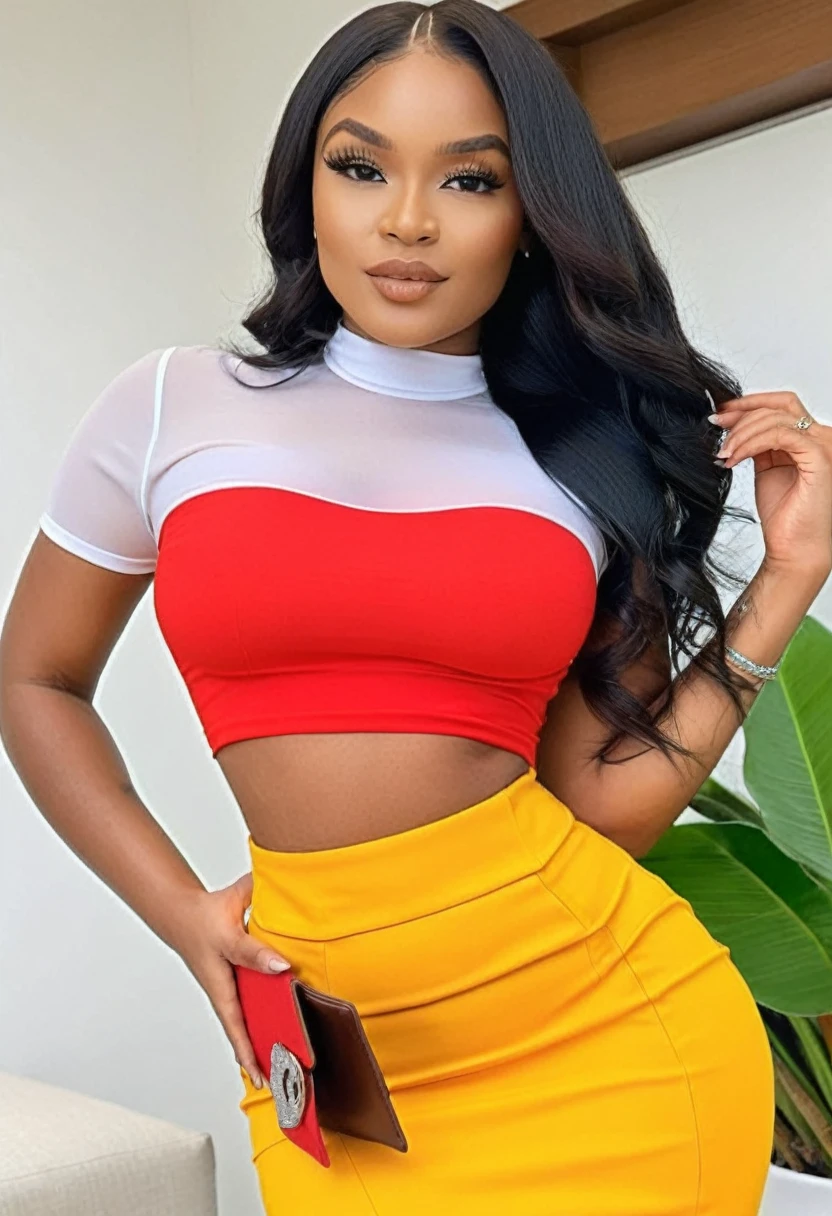 (best high quality:1.5), work of art, (8k), extremely detailed, (High details:1.4), Solo, ((HotLexi)), Angolan female with 24 years old, (crop top, pencil skirt), ((shaped-hourglass hot body)), (pretty perfect square defined model face:1.2), BREAK,
