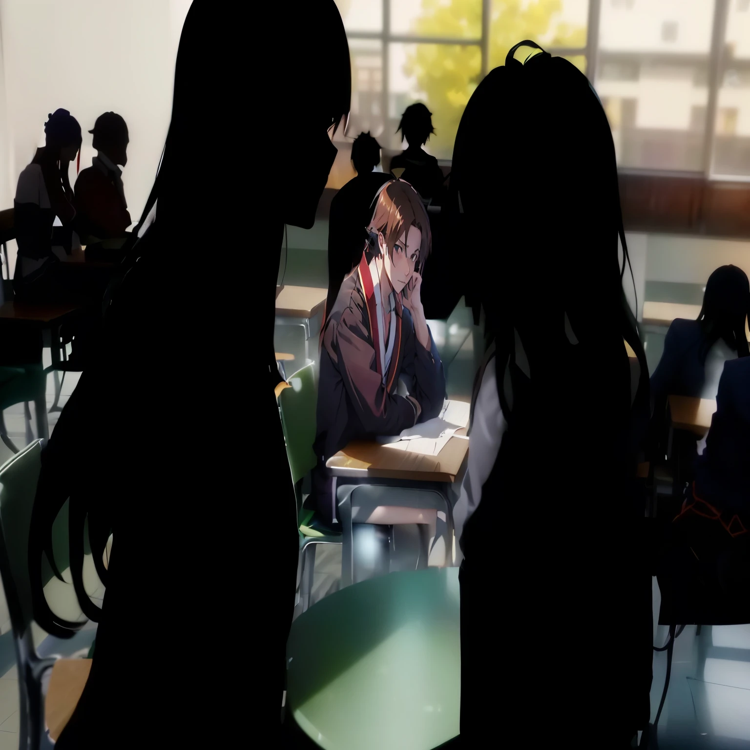 there are two people sitting at a table in a restaurant, high school background, ; Visual novel, Visual novel cg, Visual novel, school class, still from the TV anime, Visual novel key visual, Classroom Background, in the classroom, sinister figure in the background, typical anime classroom room, looking distracted, illustration!, person in foreground, ((supersaturated)), 8k!