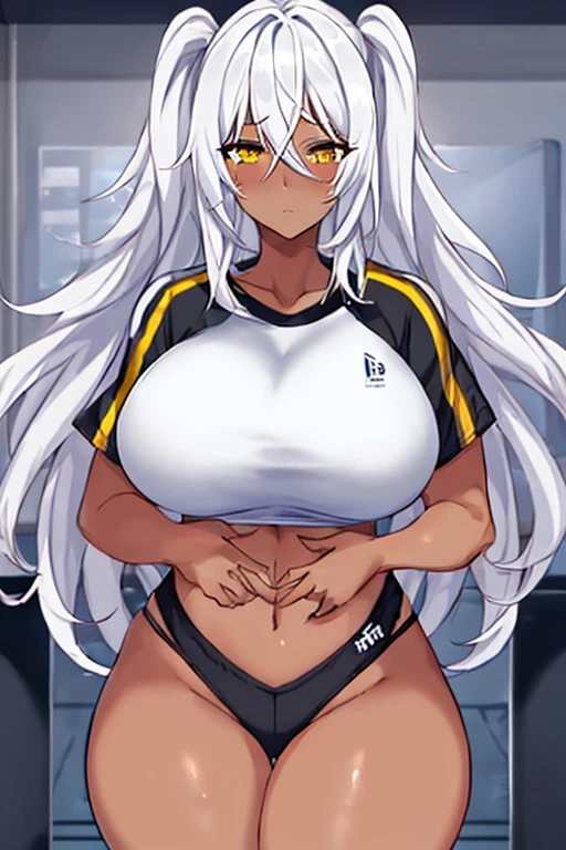 1girl, anime style, 2d, anime screencap, dark skin, black skin, dark-skinned female, white hair, long hair, large , wide hips, thick thighs, shirt, sportswear, shy, sports bra, screencap, masterpiece