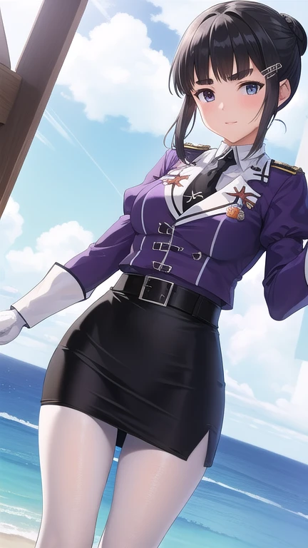 ((masterpiece)),(best quality),official art,extremely detailed CG,unity 8k wallpaper,ultra detailed,A lighthouse on a cliff by the sea,1girl,solo,cowboy shot,myoukou (kantai collection),medium breasts,blunt bangs,black hair,black skirt,hair bun,long sleeves,white pantyhose,pencil skirt,puffy long sleeves,puffy sleeves,looking at viewer,thick eyebrows,military uniform,white gloves,eyebrows visible through hair,high heel boots,purple jacket,hair ornament,hairclip,black necktie,black belt,