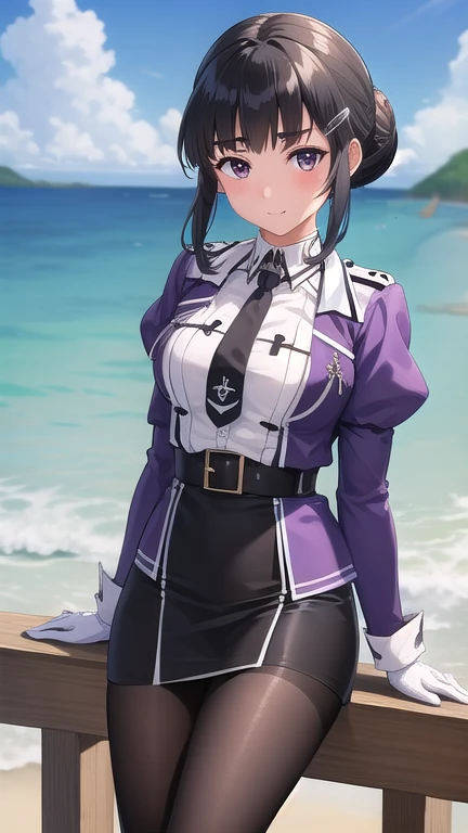 ((masterpiece)),(best quality),official art,extremely detailed CG,unity 8k wallpaper,ultra detailed,A lighthouse on a cliff by the sea,1girl,solo,cowboy shot,myoukou (kantai collection),medium breasts,blunt bangs,black hair,black skirt,hair bun,long sleeves,white pantyhose,pencil skirt,puffy long sleeves,puffy sleeves,looking at viewer,thick eyebrows,military uniform,white gloves,eyebrows visible through hair,high heel boots,purple jacket,hair ornament,hairclip,black necktie,black belt,