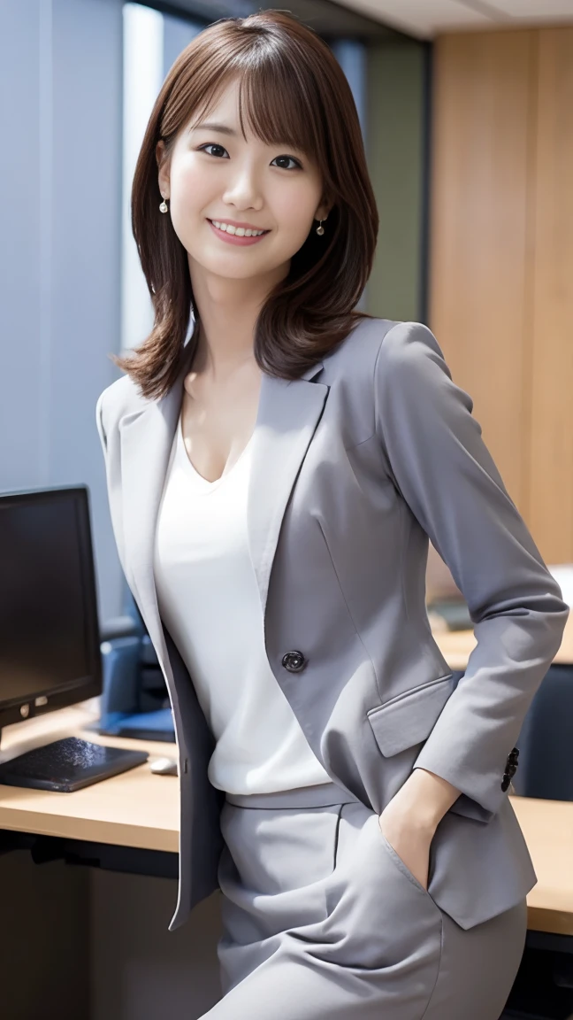 masutepiece, Best Quality, Photorealsitic, finely detail, hight resolution,beautiful japanese woman,beautiful detailed eyes, beautiful detailed lips, extremely detailed face, small head, small areola, cinematic lighting, photorealistic, 8k, high quality, hyper detailed, look at me,smile,(office lady suits:1.2),(random location),(medium breasts:1.2),(inoueseika),slender,beautifull legs,(sexy posing:1.2), (bokeh:1.3),