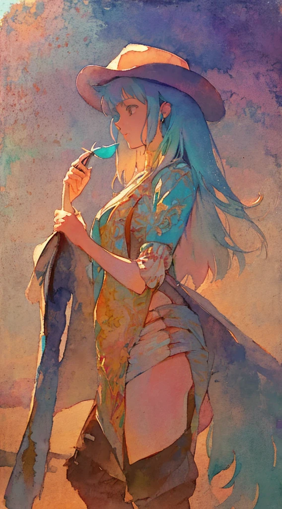 watercolor paiting、Pale shades、Beautiful colors、parfect anatomy、cowboy  shot、A girl&#39;s profile、、Cute  s
